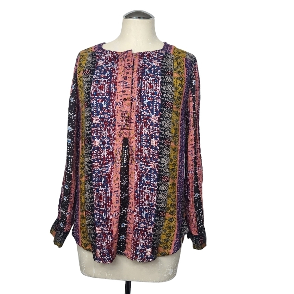Nine West Boho Peasant Printed Half Button Down Tab Long Sleeves Shirt L